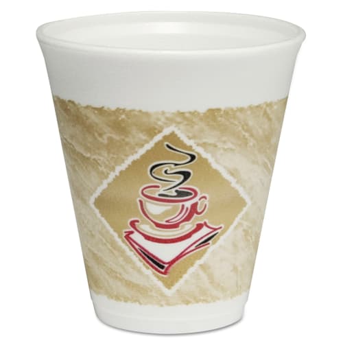 Vasos para Bebidas Calientes/Frías Dart® Cafe G Foam, Blanco con Diseño Marrón y Rojo, 12 oz